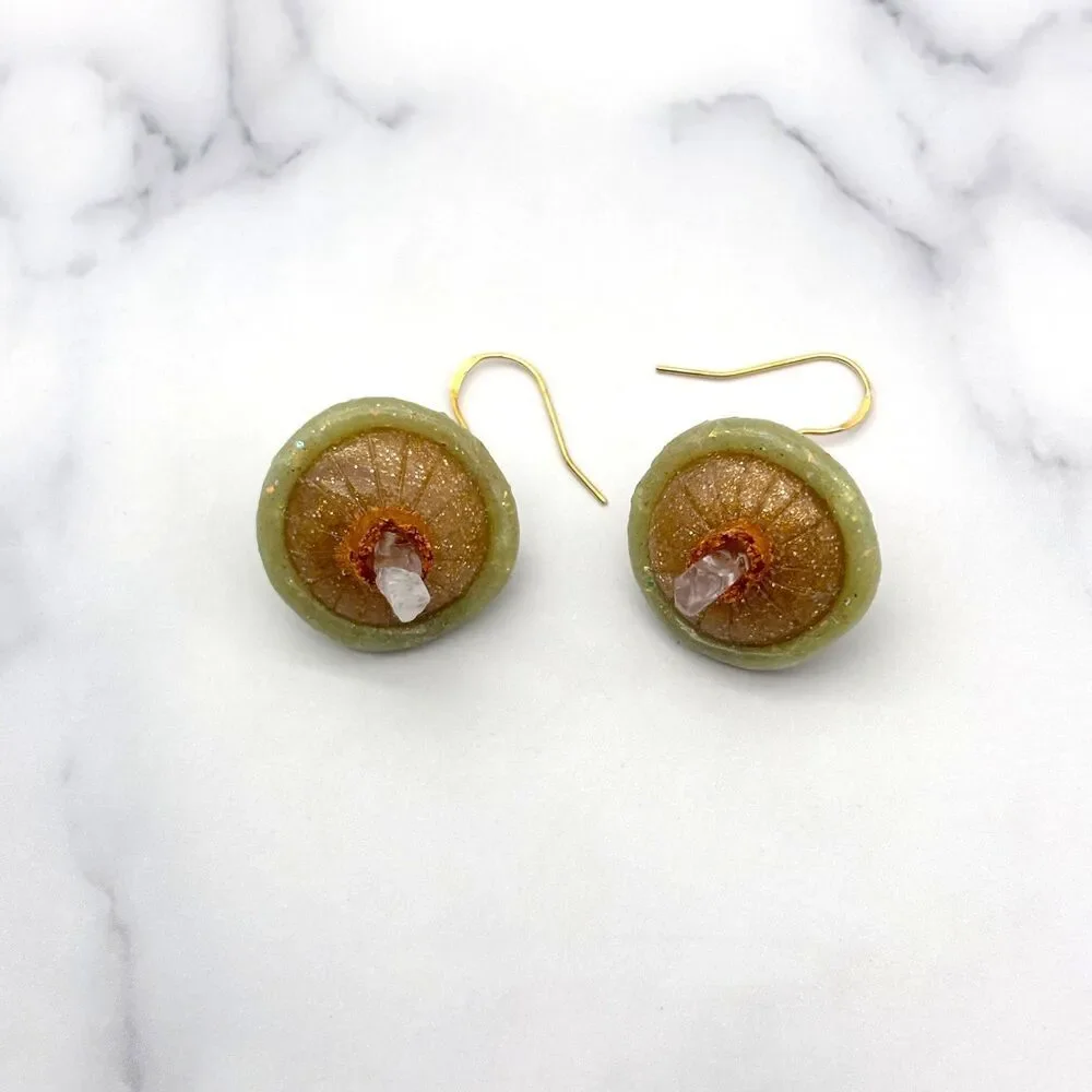 Green Mushroom Quartz Crystal Earrings | Polymer Clay Dangle with Moon and Star